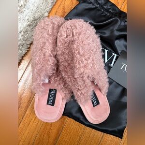 Twelve by Twelve Rose Pink Faux Shearling Slide Slippers